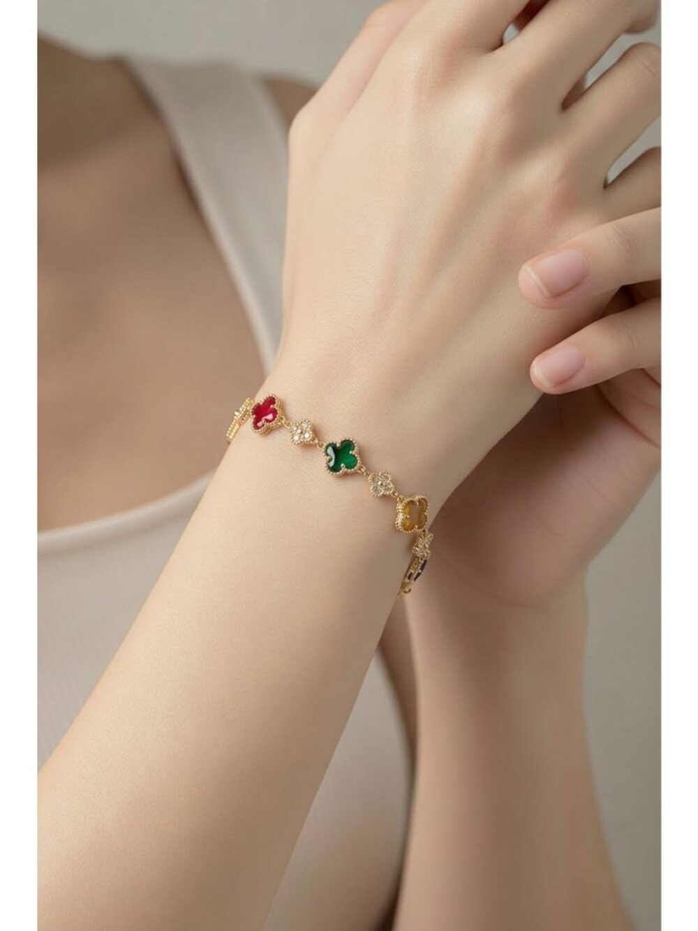 Multicolor Clover-Shaped Gold-Plated Bracelet With Sparkling Gemstones (SKU#0515